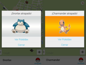 Snorlax y Charmander siendo atrapados por tu Pokedex.