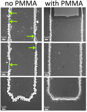 Mientras que los nanocables que fueron usados sin el gel electrolítico sufrieron una grave corrosión tras 4000 ciclos de carga, los que si estaban recubiertos por el mismo, no sufrierton apenas corrosión tras 100.000 ciclos de carga. Nanowires that were used without the electrolyte gel, left, corroded after 4,000 cycles. The wires in the gel, right, show little corrosion after 100,000 cycles.