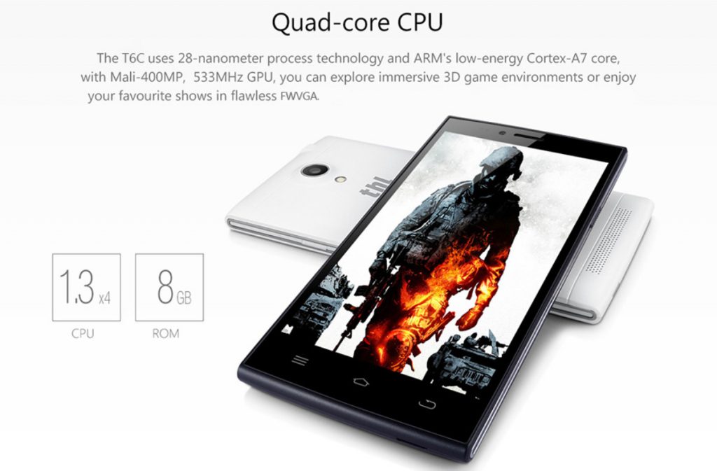 En su interior encontramos un procesador Cortex A7 de cuatro núcleos (32 bits), con una velocidad de reloj de 1.3 GHz THL T6C, baja resolución y rendimiento aceptable