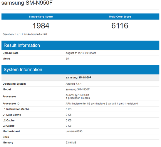 Samsung Galaxy Note 8 Geekbench