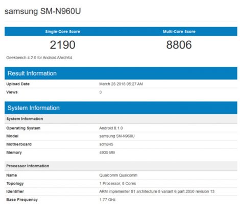 Samsung Galaxy Note 9 - Benchmark en Geekbench 