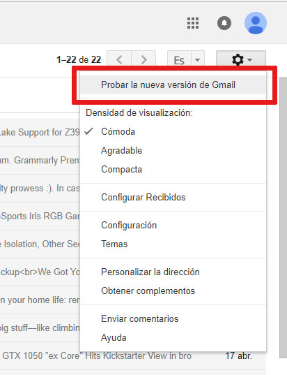 Gmail - cómo activar el nuevo diseño