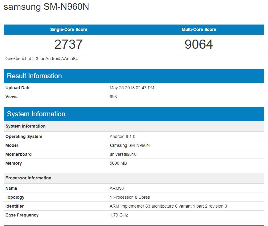 Samsung Galaxy Note 9 - Benchmark en Geekbench de la versión con Exynos 9810