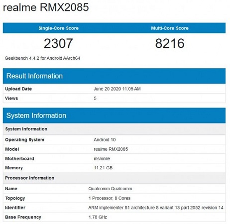 Geekbench 4.4 screenshot of the possible Realme X3 Realme X3