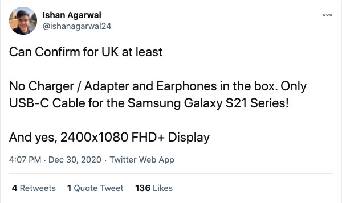 Samsung Galaxy S21 - Sin cargador en el paquete
