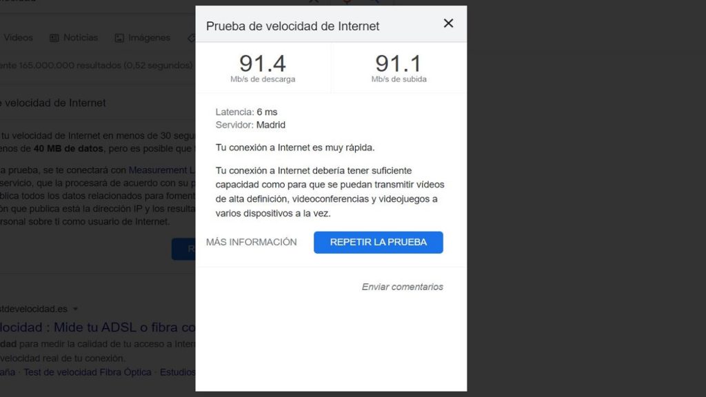 prueba de velocidad en google