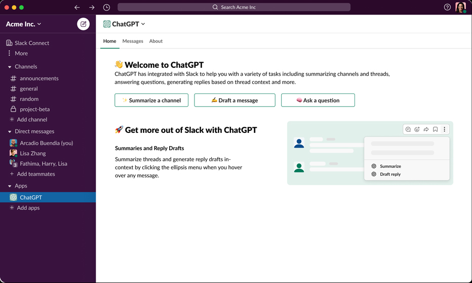 ChatGPT para Slack comienza su beta