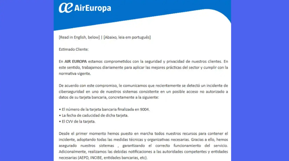 Air Europa recomienda encarecidamente cancelar las tarjetas de crédito